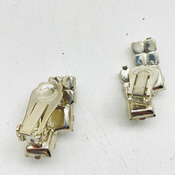 Stacked Rhinestone Clip On Earrings Silver Tone Glam Bling Sparkle Holiday Party - Picture 2 of 8